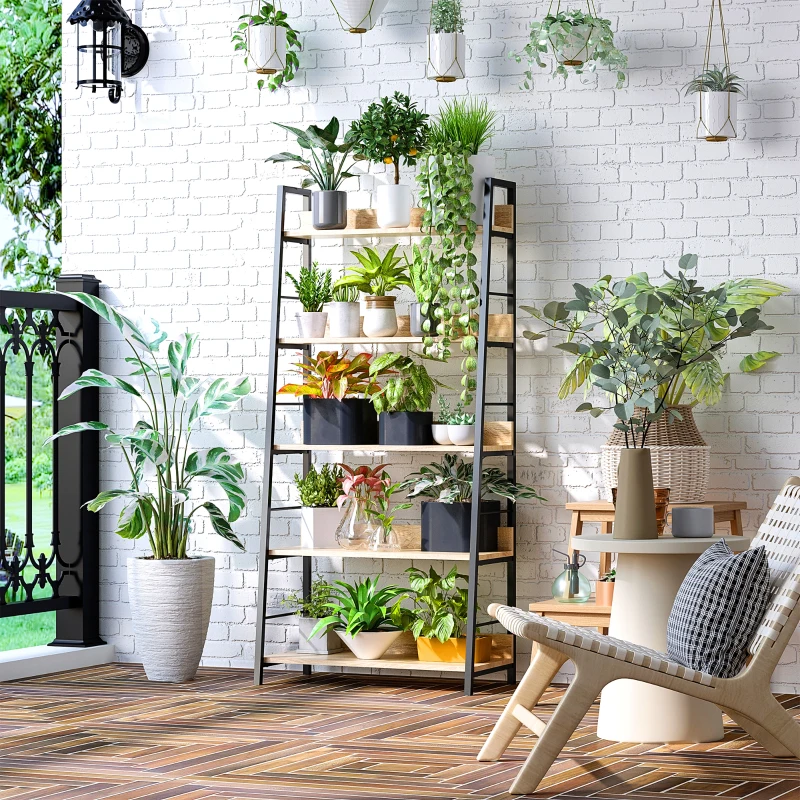 Bookshelf decorated with vibrant indoor plants in pots for natural freshness.