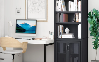 Black bookcase beside white desk and chair in a modern home office.