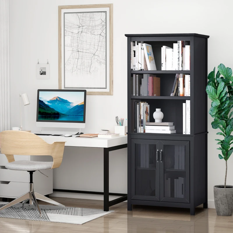 Black bookcase beside white desk and chair in a modern home office.