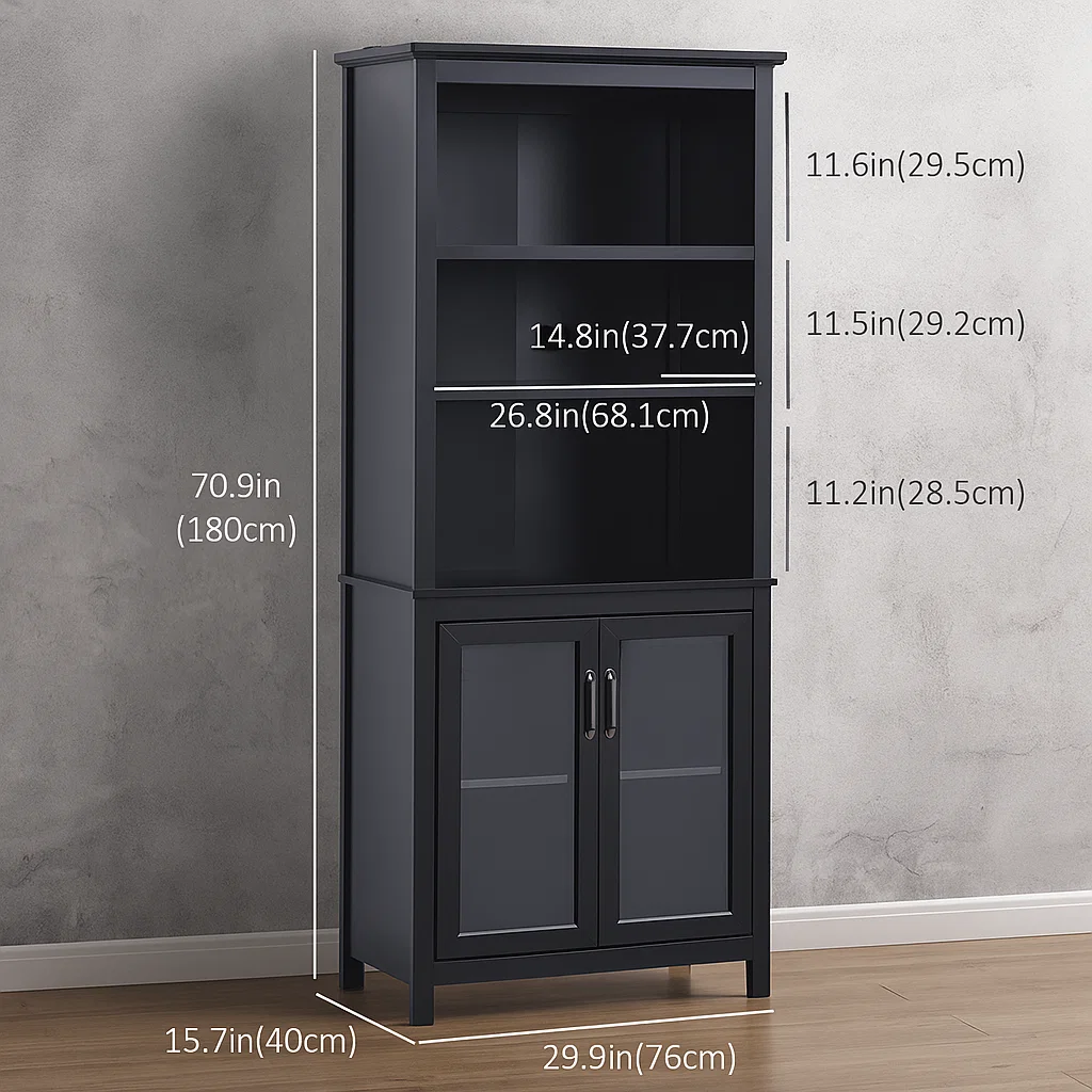 Black tall bookcase with glass doors showing measured dimensions and shelving space.