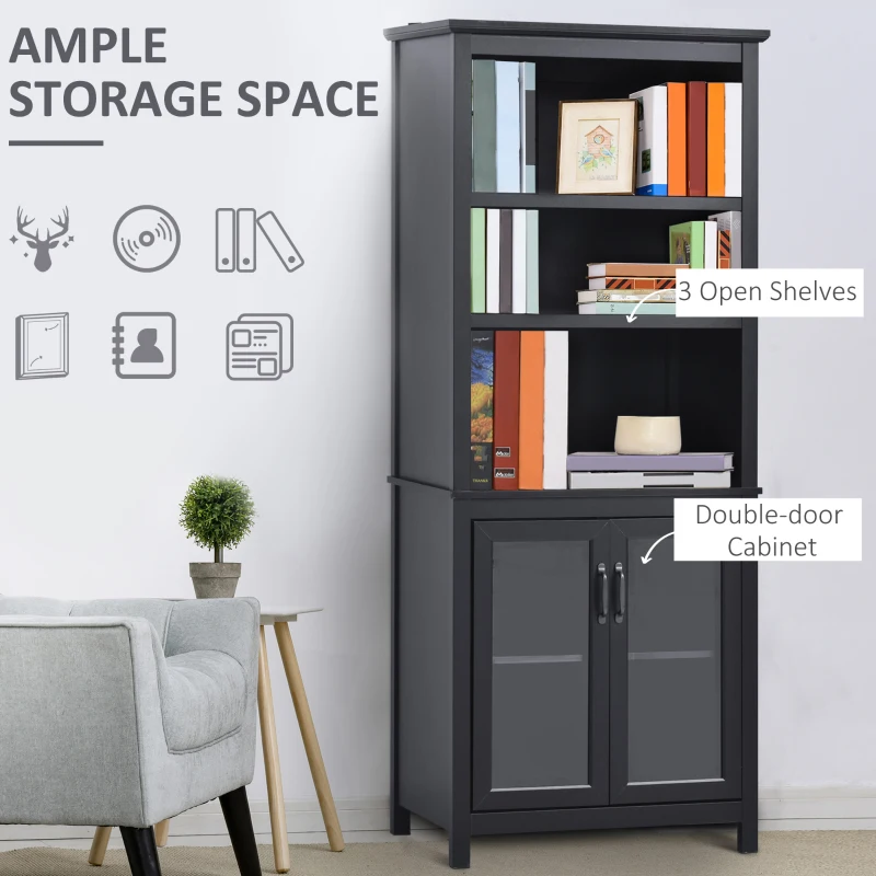 Black bookcase with three open shelves and a double-door cabinet for storage.
