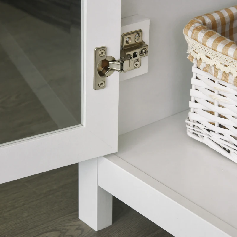 Close-up of metal hinge on white bookcase cabinet door with wicker basket inside.