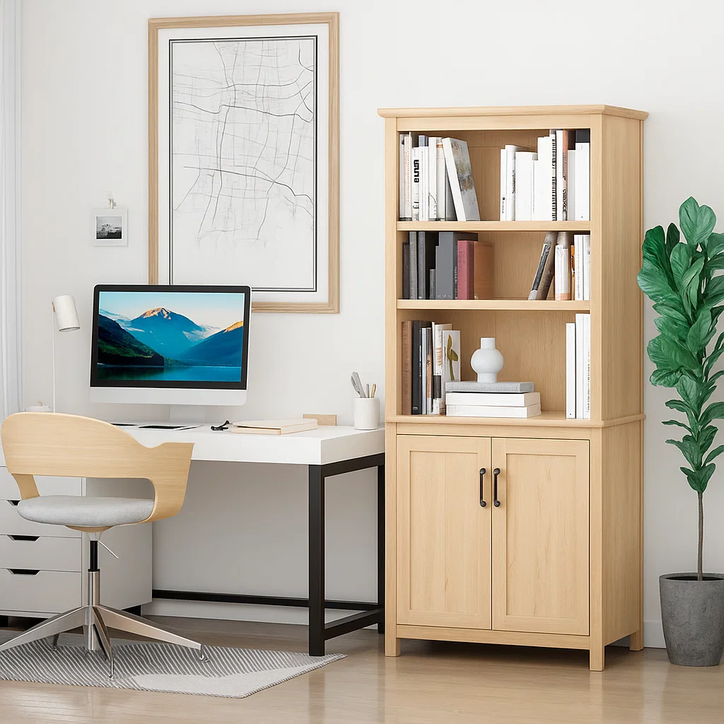 Light oak bookcase styled with books and décor in bright minimalist workspace.