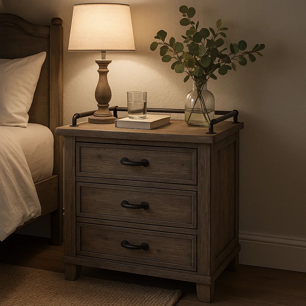 Rustic farmhouse bedside table with three drawers, metal rails, lamp, glass, and plant decor.
