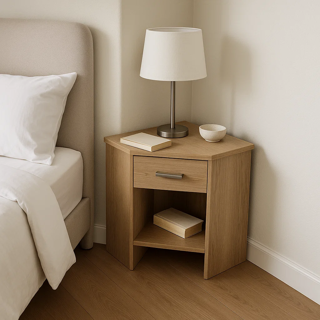 Wooden compact corner bedside table with drawer, open shelves, lamp, and decorative accessories.