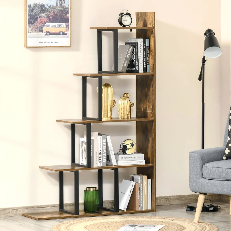 Rustic wood and metal bookshelf with staggered open shelves displaying books and décor items.