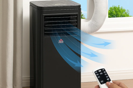 Black portable air conditioner blowing cool air with remote.