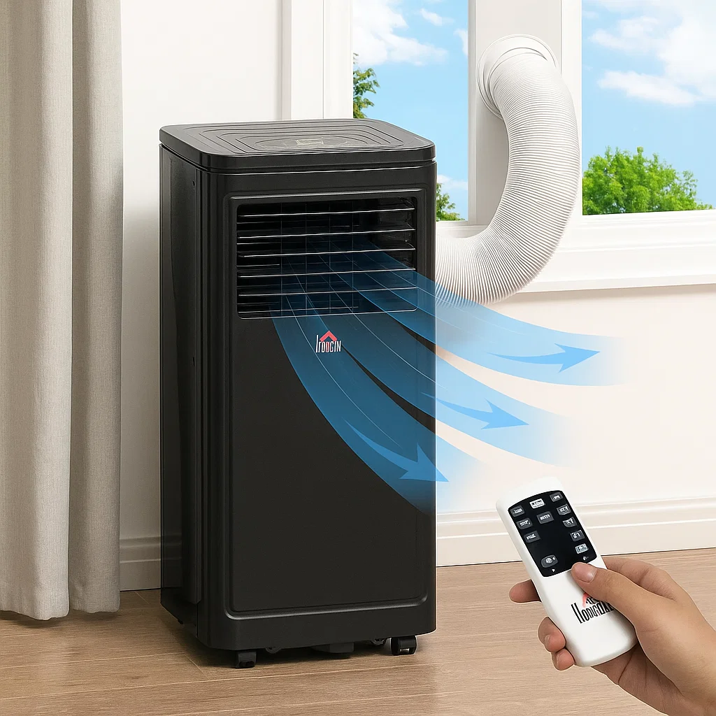 Black portable air conditioner blowing cool air with remote.