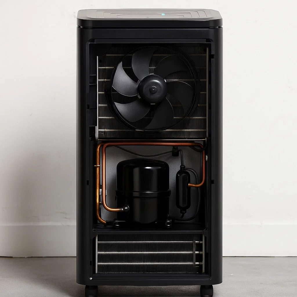 Inside view of portable air conditioner showing fan and compressor.