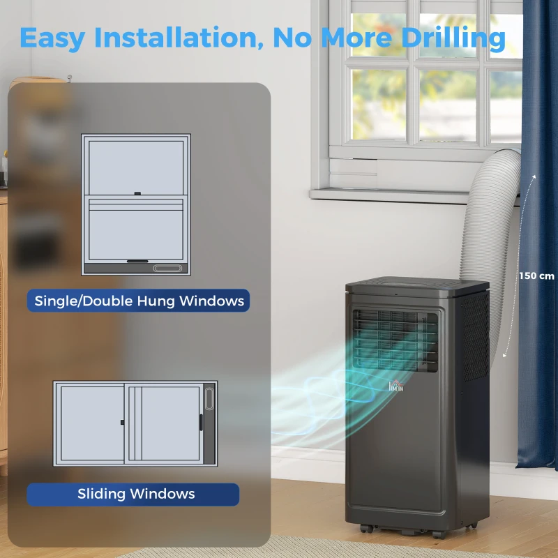 Black portable air conditioner vented through window with hose connection.