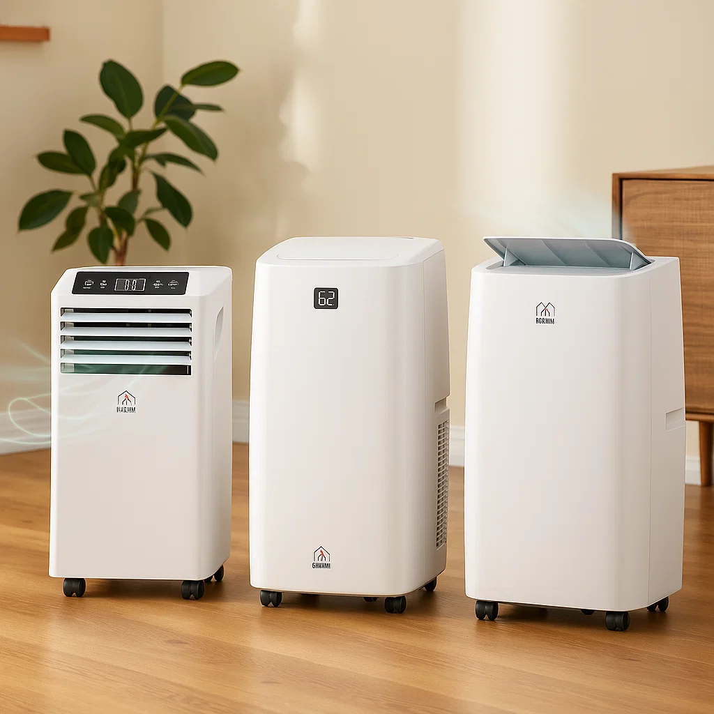 Three portable air conditioners on hardwood floor.