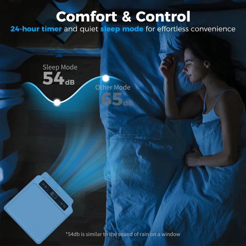 Woman sleeping in bed near quiet air conditioner at night.