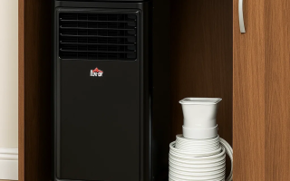Portable air conditioner stored neatly inside wooden cabinet.