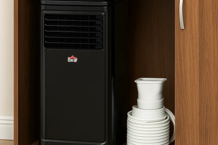 Portable air conditioner stored neatly inside wooden cabinet.