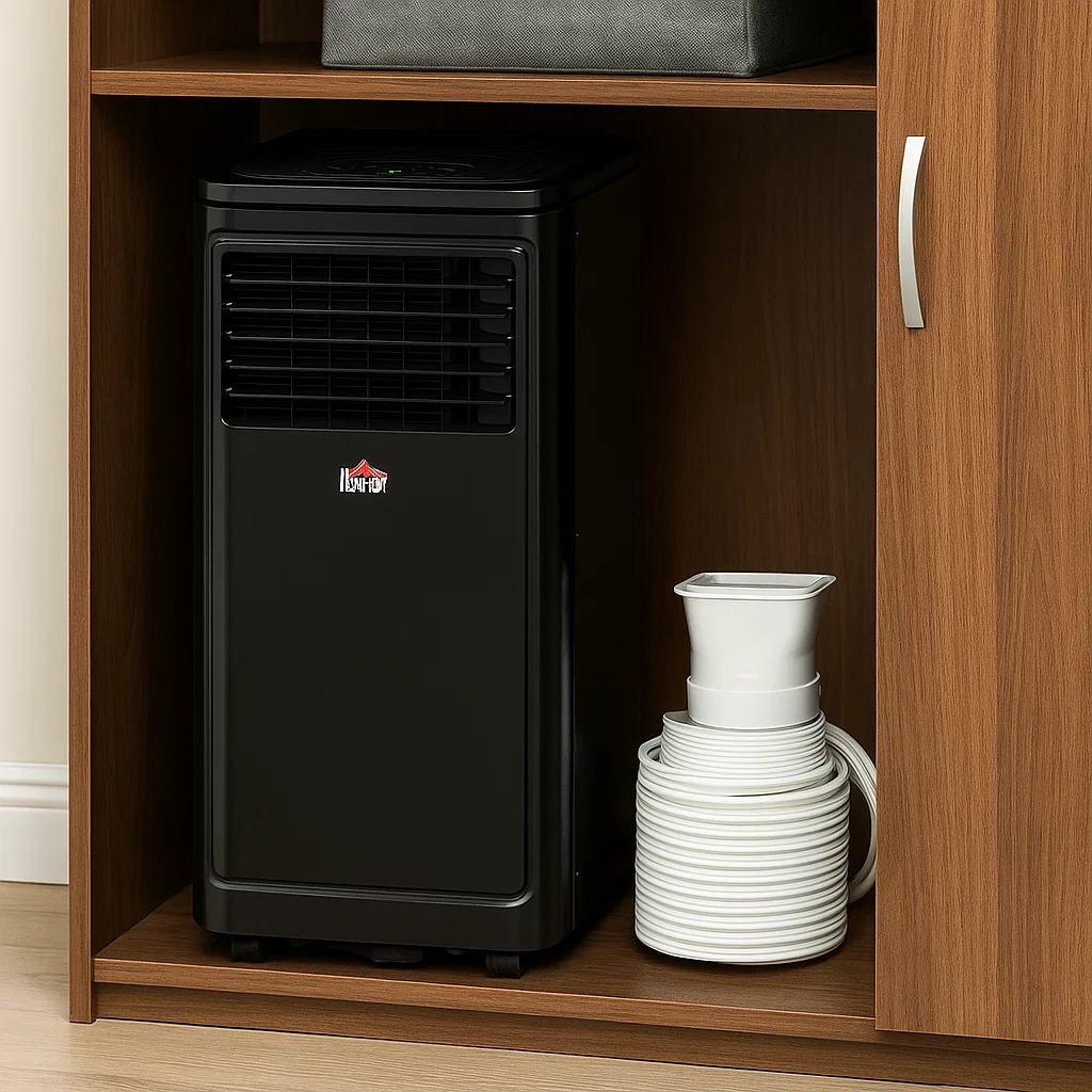 Portable air conditioner stored neatly inside wooden cabinet.
