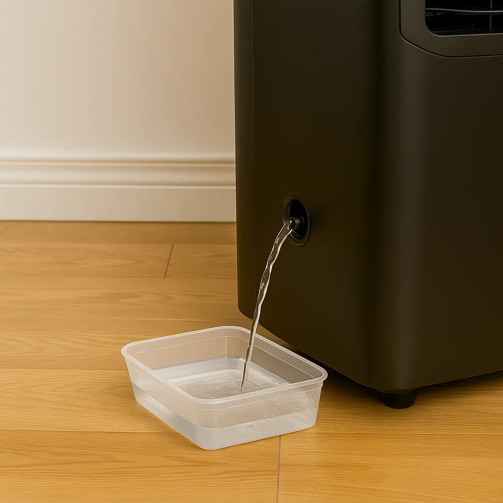 Water draining from air conditioner into plastic container.