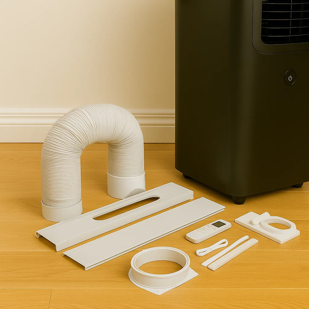 Portable air conditioner accessories and parts laid on floor.