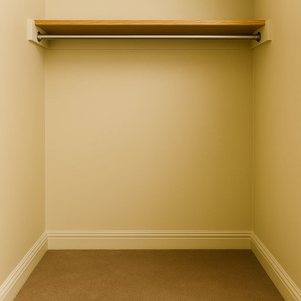 Empty closet with shelf and hanging rod for storage.