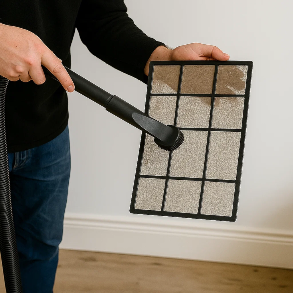 Person vacuuming dust from portable air conditioner filter.
