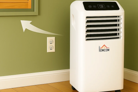 White portable air conditioner positioned close to window vent.