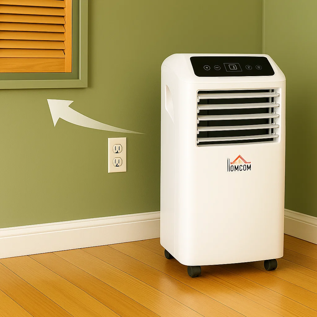 White portable air conditioner positioned close to window vent.