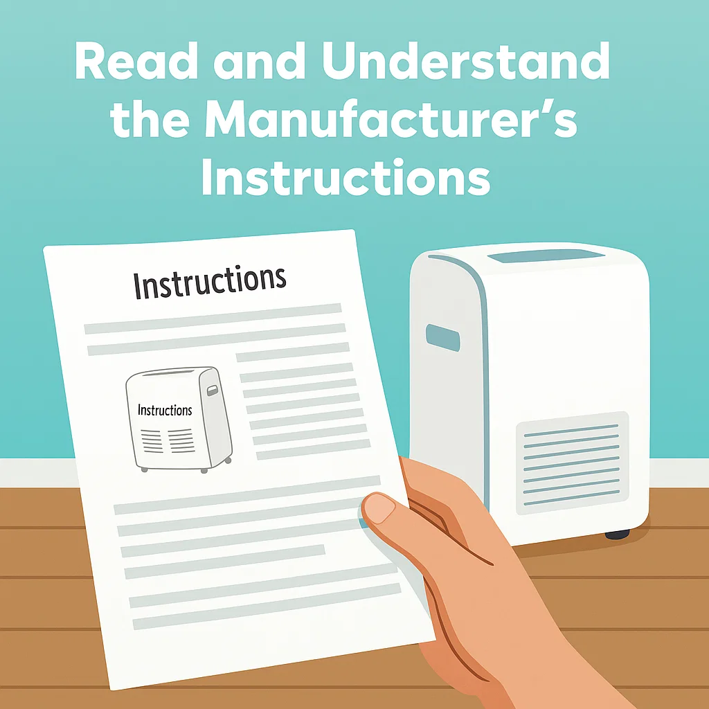 Person holding instruction manual beside portable air conditioner.