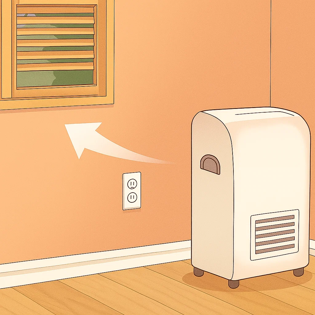 Portable air conditioner placed near window and power outlet.
