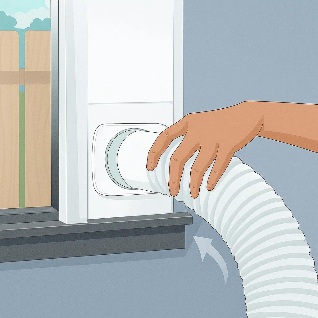 Hand attaching exhaust hose into window vent panel.