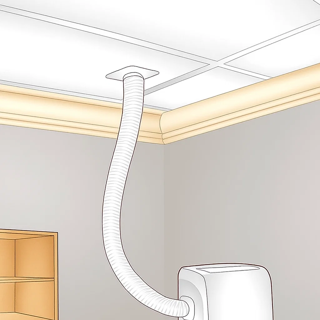 Portable air conditioner vent hose installed through drop ceiling.