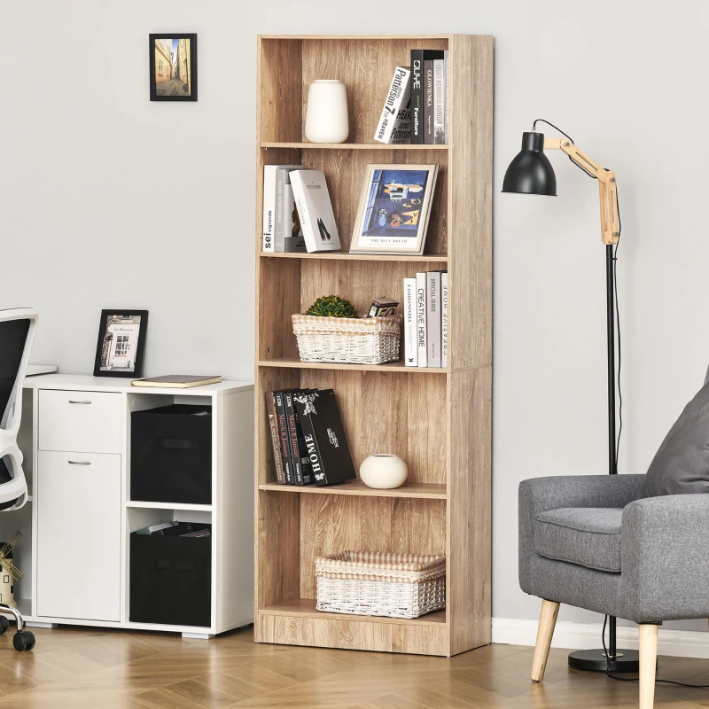 Tall wooden open bookcase with multiple shelves, holding books, baskets, and decorative accents.
