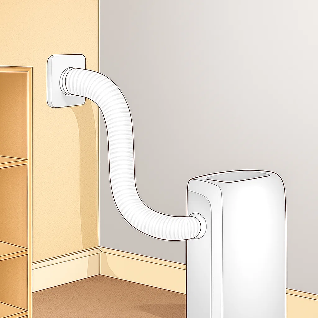 Portable air conditioner venting hose installed through wall.
