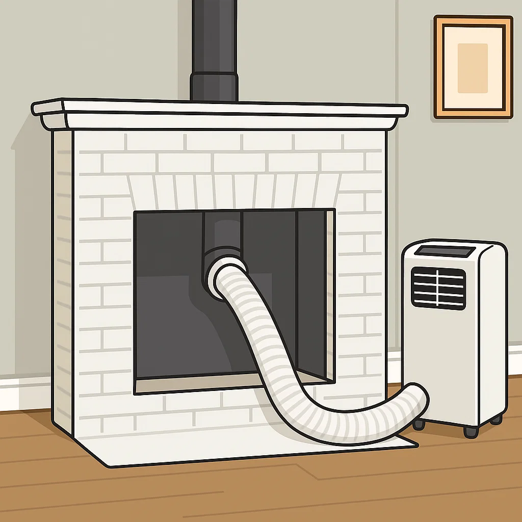 Portable air conditioner vent hose connected inside fireplace.
