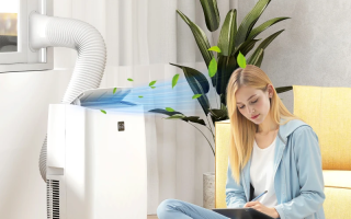 Portable AC unit cooling a living space with soft airflow for home comfort