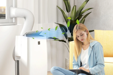 Portable AC unit cooling a living space with soft airflow for home comfort
