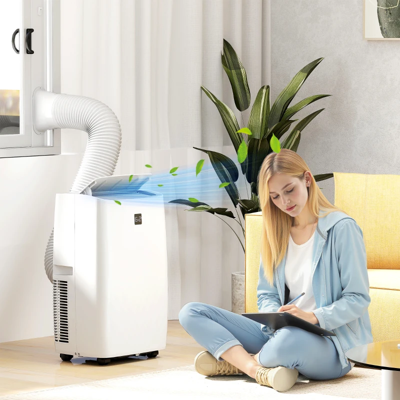 Portable AC unit cooling a living space with soft airflow for home comfort