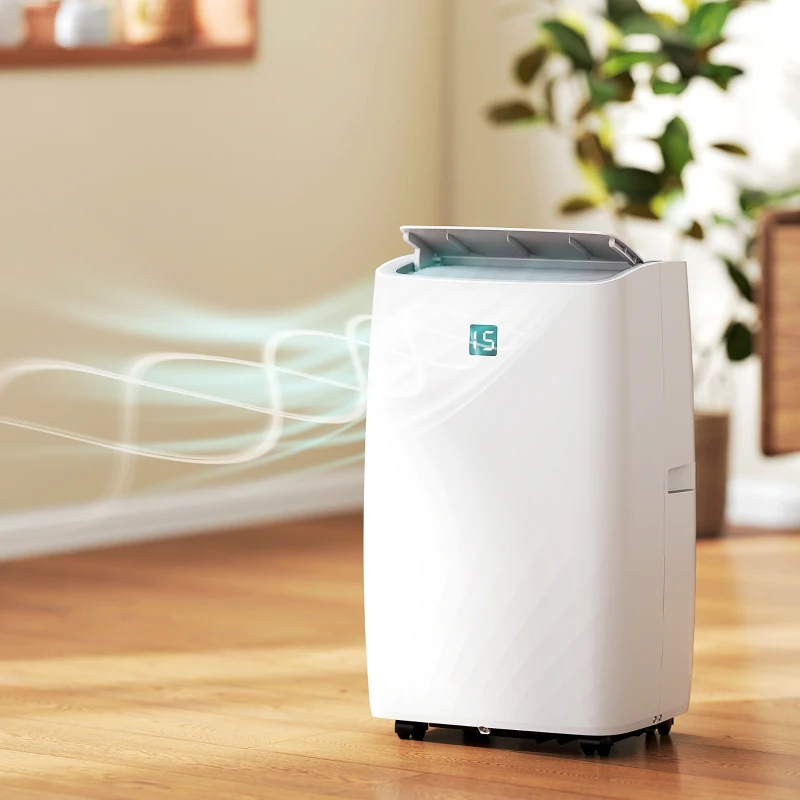 Close-up of portable air conditioner highlighting mobility features for home use