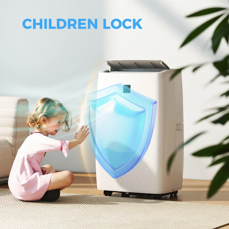 Child activating safety lock on portable air conditioner for family-friendly operation