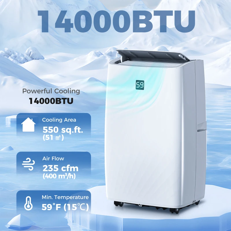 14000 BTU portable AC showing cooling capacity, coverage area, and airflow rate