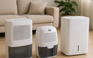 Three different home dehumidifiers placed side by side.