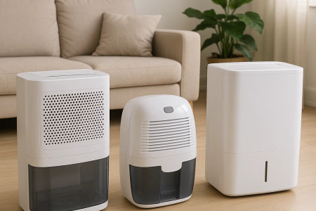 Three different home dehumidifiers placed side by side.