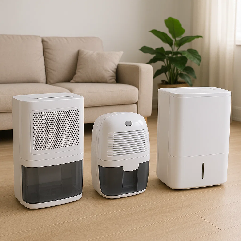 Three different home dehumidifiers placed side by side.