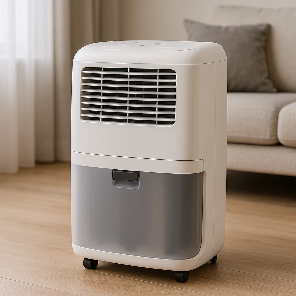 Modern compressor dehumidifier on wooden floor near sofa.