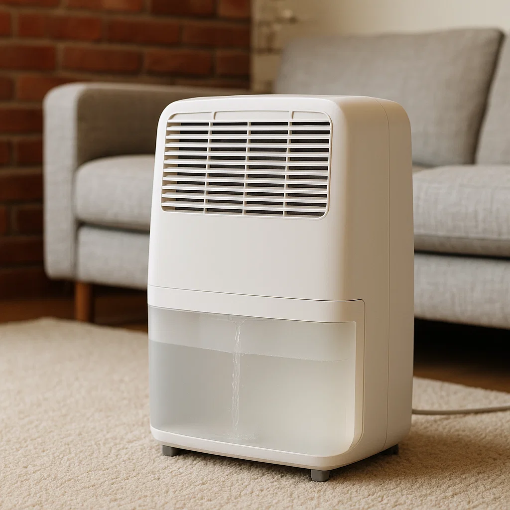 White dehumidifier on carpet collecting water in tank.