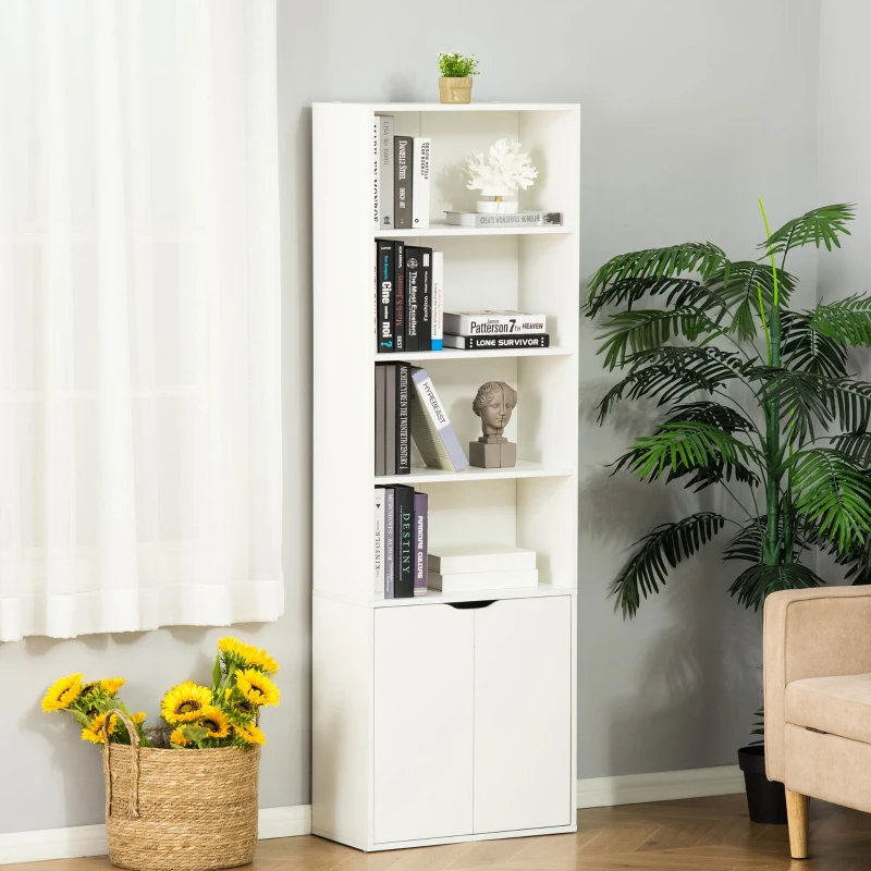 White bookcase with open shelves for books and a bottom cabinet for hidden storage.