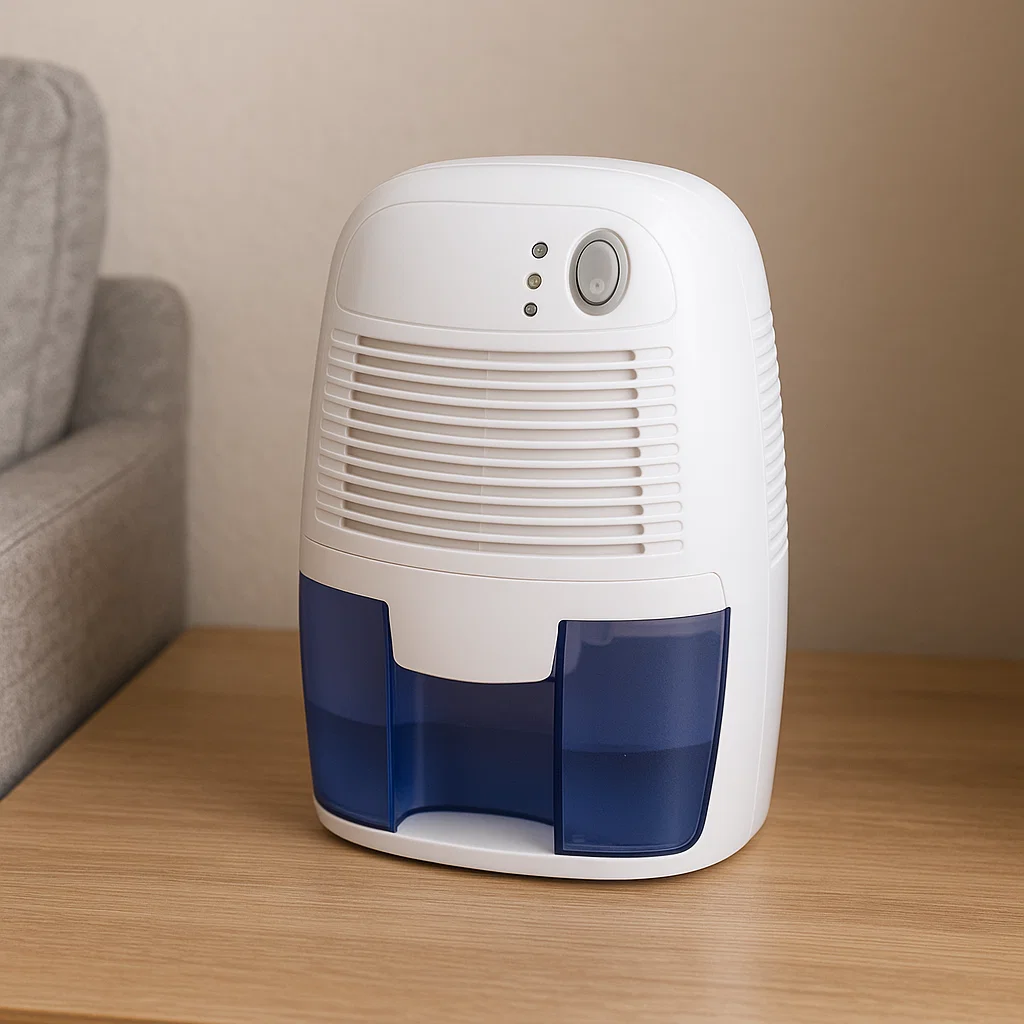 Compact thermoelectric dehumidifier with blue water tank on table.