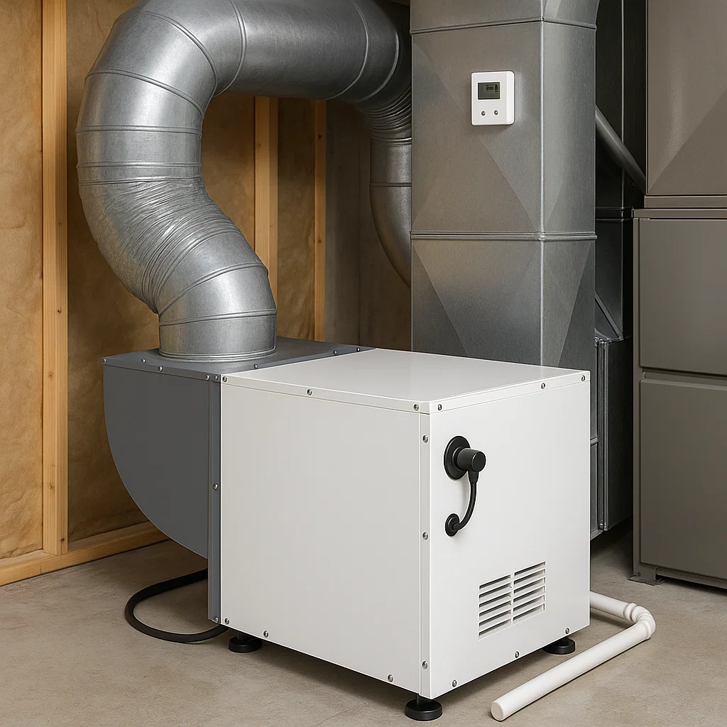 Large whole-house dehumidifier connected to HVAC duct system.