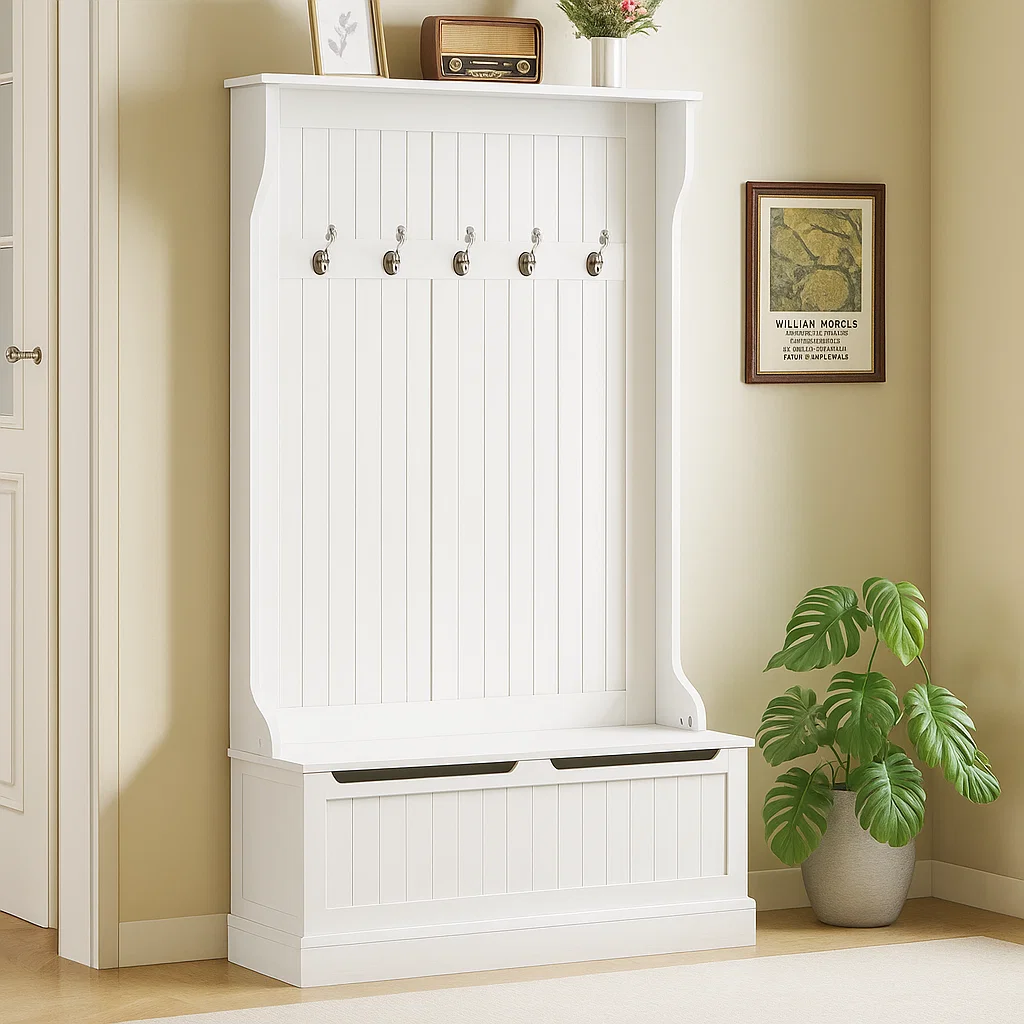White hall tree with empty metal hooks, radio, and framed décor on top shelf.