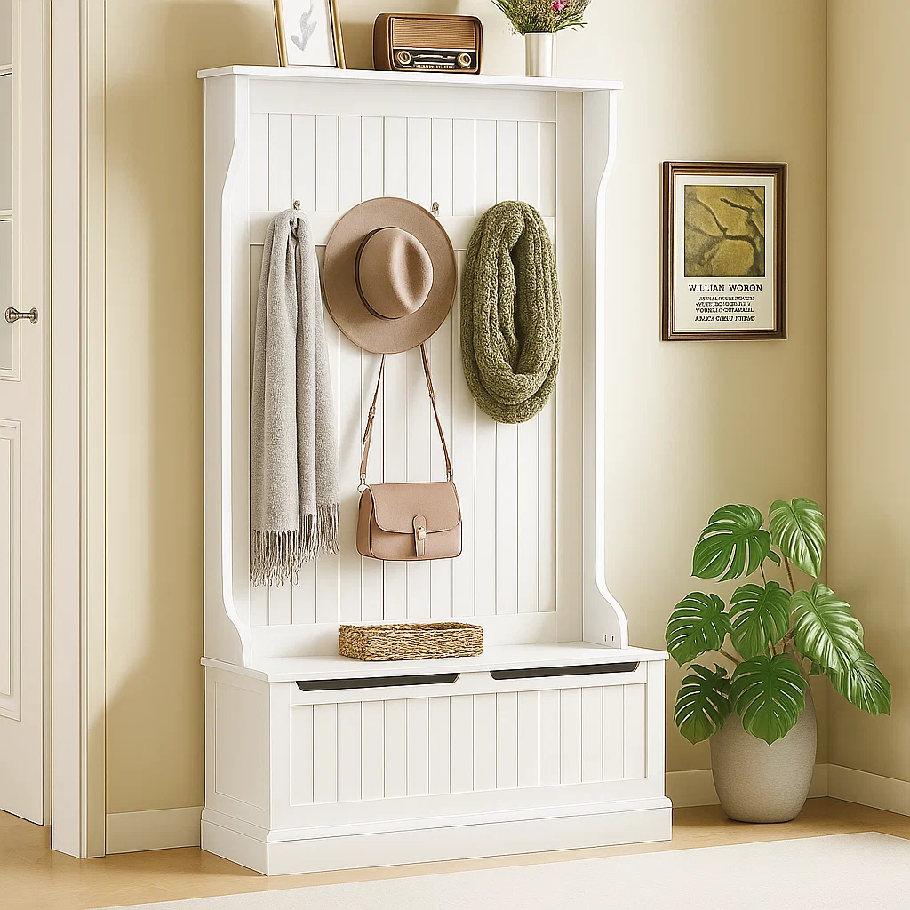 White hall tree featuring hat, scarf, handbag, woven basket, and indoor plant.