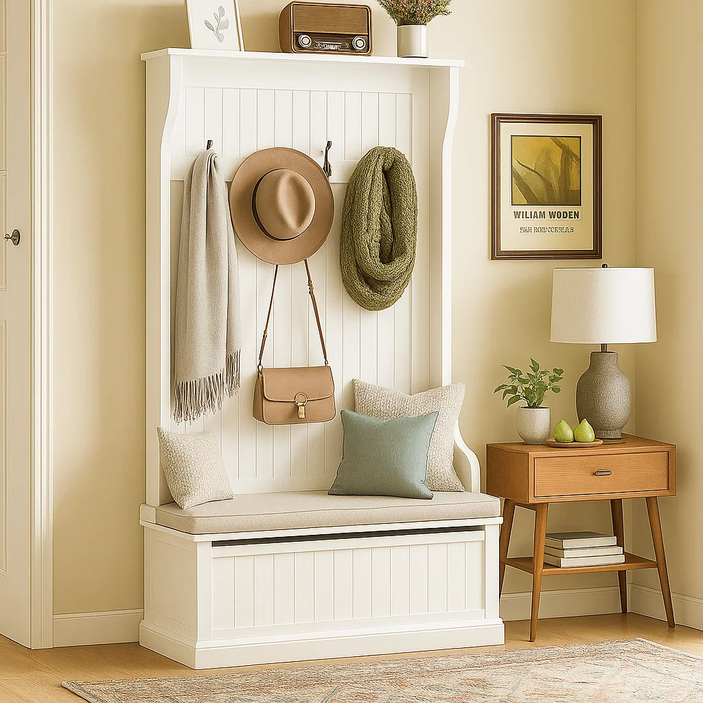 White hall tree styled with hats, scarves, pillows, side table, lamp, and wall art.