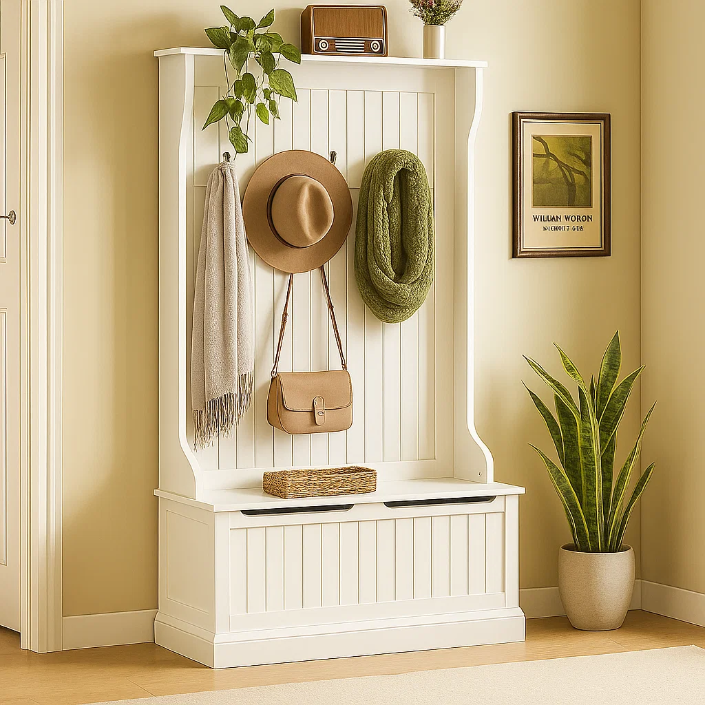 White hall tree decorated with hat, scarf, handbag, woven basket, and potted plants.